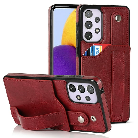 Dteck for Samsung Galaxy A53 5G Slim Case, Shockproof Premium PU Leather Soft TPU Business Cover with Wrist Strap Kickstand Flip Stand Protection Case, red