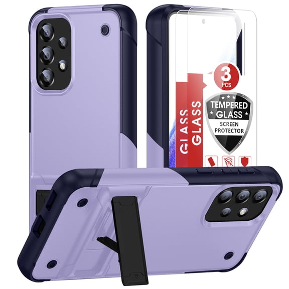 Dteck for Samsung Galaxy A53 Case with Screen Protector Glass 3 Pack, Heavy Duty Hybrid Shockproof Rugged Case with Built-in Kickstand for Samsung Galaxy A53 5G,Purple