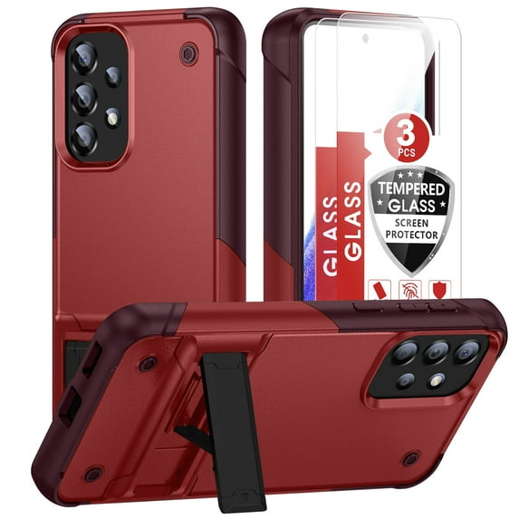 Dteck for Samsung Galaxy A53 Case with Screen Protector Glass 3 Pack, Heavy Duty Hybrid Shockproof Rugged Case with Built-in Kickstand for Samsung Galaxy A53 5G,Red