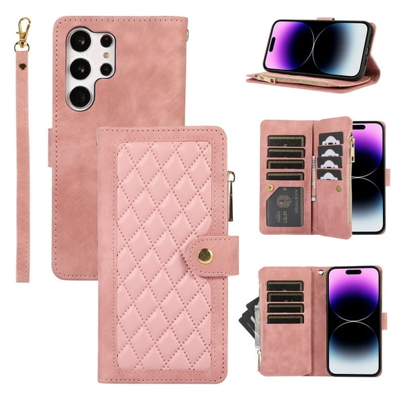 Dteck for Samsung Galaxy A54 5G Case, Shockproof Folio Flip Premium PU Leather Magnetic Closure Handbag Zipper Pocket Case Kickstand Card Slots with Hand Strap,Rosegold