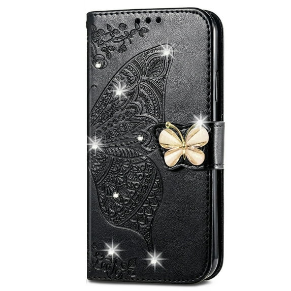 Dteck for Samsung Galaxy A54 5G Case Wallet for Women, Flip Folio Cover with Butterfly Embossed Diamond PU Leathe Stand Card Holder Protective Case with Wrist Strap,Black