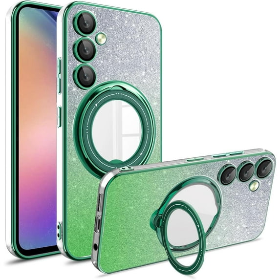 Dteck for Samsung Galaxy A54 5G Ring Stand Cover, Shockproof Glitter Magnetic Plating Bling Clear Case with Camera Lens Protection Slim Anti-Scratch Sparkle Case for Women Girls, darkgreen
