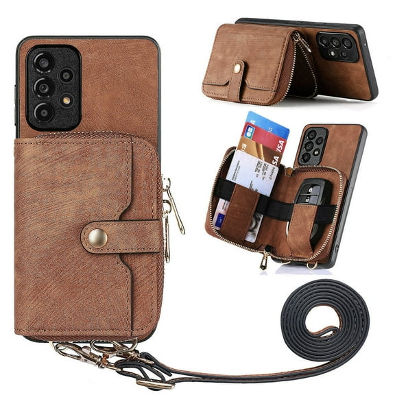 Dteck for Samsung Galaxy A54 5G Wallet Case with Card Holder, Phone Case with Crossbody Strap for Women Men, Handbag Purse Zipper Leather Cover for Samsung Galaxy A54 5G,Brown