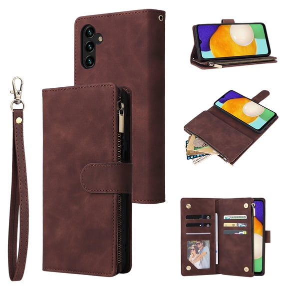 Dteck for Samsung Galaxy A54 5G Wallet Case,Soft Leather Zipper Wallet Case Magnetic Buckle Flip Cover with 5 Card Slots/Photo Pocks/Lanyard Strap for Apple Samsung Galaxy A54 5G 2023,Coffee