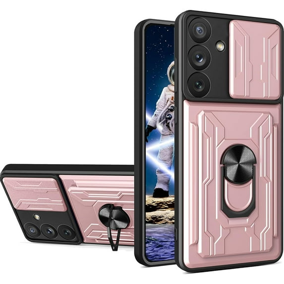 Dteck for Samsung Galaxy A54 Case with Sliding Camera Lens Cover, Military Grade Shockproof Heavy Duty Protective with Ring Kickstand & Detachable Card Holder Phone Case for Samsung A54 5G,Rosegold