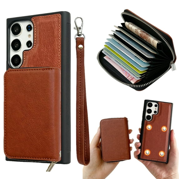 Dteck for Samsung Galaxy A55 Case Detachable Wallet Case with 11-Card Holder,2 in 1 PU Leather Zipper Purse with Wristlet for Women Men,Durable Shockproof Phone Cover for Galaxy A55 5G,Brown