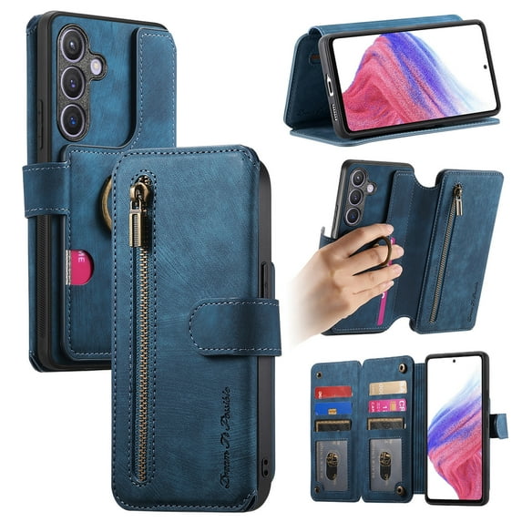 Dteck for Samsung Galaxy A55 Wallet Case with RFID Blocking Credit Card Holder Zipper Pocket,PU Leather Flip Kickstand Shockproof Cover Ring Women Men for Samsung Galaxy A55,Blue