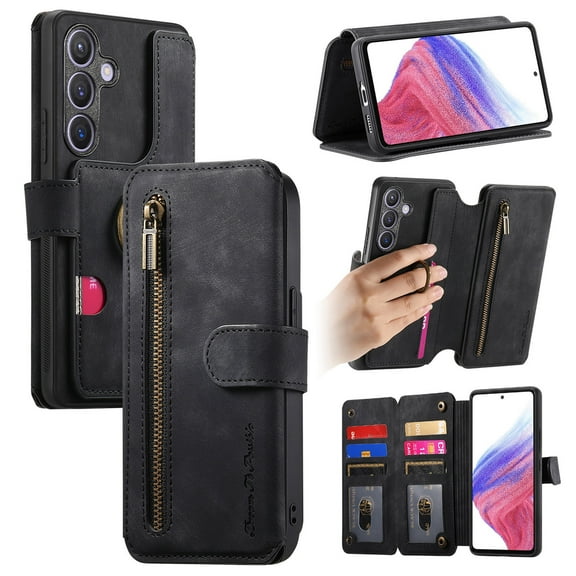 Dteck for Samsung Galaxy A55 Wallet Case with RFID Blocking Credit Card Holder Zipper Pocket,PU Leather Flip Kickstand Shockproof Cover Ring Women Men for Samsung Galaxy A55,Black