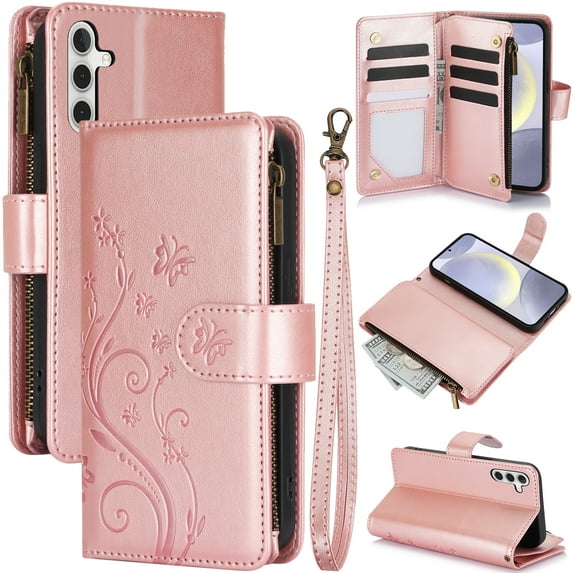 Dteck for Samsung Galaxy A56 5G Wallet Case, Embossed Butterfly PU Leather Phone Case Women Men Flip Cover Wrist Strap Zipper Credit Card Holder Slots for Samsung Galaxy A56 5G,Rosegold