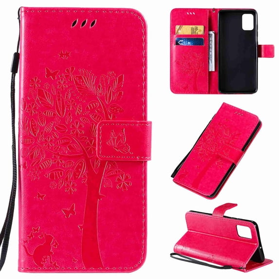Dteck Samsung Galaxy A71 4G (Not for 5G Version) Case Cat Tree Pattern PU Leather Flip Cover Wallet Stand with Card/Cash Slots Packet Wrist Strap Magnetic Clasp, rose