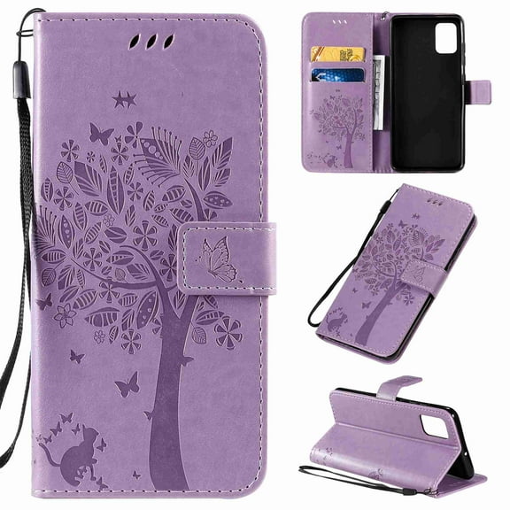 Dteck Samsung Galaxy A71 4G (Not for 5G Version) Case Cat Tree Pattern PU Leather Flip Cover Wallet Stand with Card/Cash Slots Packet Wrist Strap Magnetic Clasp, lightpurple