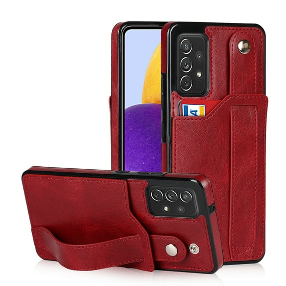 Dteck for Samsung Galaxy A72 5G Slim Case, Shockproof Premium PU Leather Soft TPU Business Cover with Wrist Strap Kickstand Flip Stand Protection Case, red