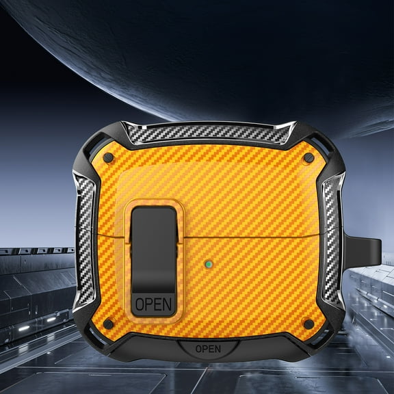 Dteck for Samsung Galaxy Buds 3 / Buds 3 Pro Case Cover with Lock Clip & Phone Stand,Shockproof for Galaxy Buds 3 / 3 Pro Protective Hard Cover with Carabiner for Men Women,Yellow-Carbon Fiber Pattern