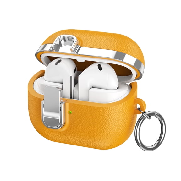 Dteck for Samsung Galaxy Buds3 FE (2025) / Buds3 Pro (2024) / Buds 3 Case (2024) with Secure Lock Clip, Shockproof PU Leather with Plating Design,Yellow