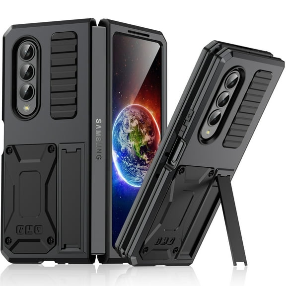 Dteck Samsung Galaxy Flod4 Case with Kickstand, Metal Bumper Silicone Case Hybrid Military Shockproof Heavy Duty Rugged case for Samsung Fold4 5G, Black