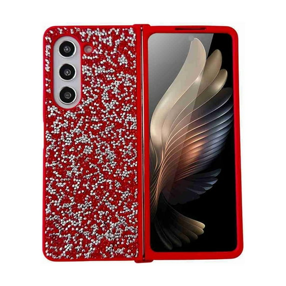 Dteck for Samsung Galaxy Fold 5 5G Glitter Sparkly Case, Shockproof Bling Shiny Diamond Rhinestone Case with Flexible Plating TPU Bumper Slim Anti-Slip Protective Cover for Women Girls, red