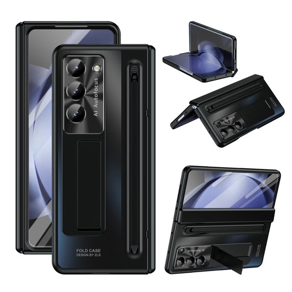 Dteck for Samsung Galaxy Fold 5 Case with S Pen & Pen Holder, Tempered Glass Screen Protector Hinge Protection PC Case Shockproof Stand Luxury Cover for Galaxy Z Fold 5,Black