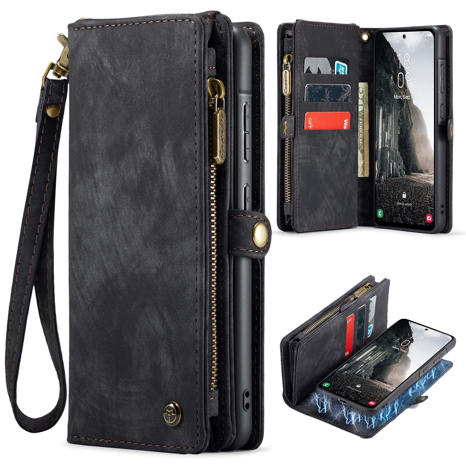 Dteck for Samsung Galaxy Note 10 Plus Wallet Case,Leather Zipper Wallet Case 8 Card Slots Holder Flip Purse Magnetic Handle Strap Shockproof Detachable Phone Cover For Samsung Galaxy Note 10+, Black