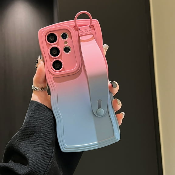 Dteck for Samsung Galaxy Note 20 Case with Adjustable Wrist Strap Stand, Gradient Color Cute Wavy Curly Camera Lens Cover Soft Silicone Shockproof Phone Case for Women Men, Pink+Blue