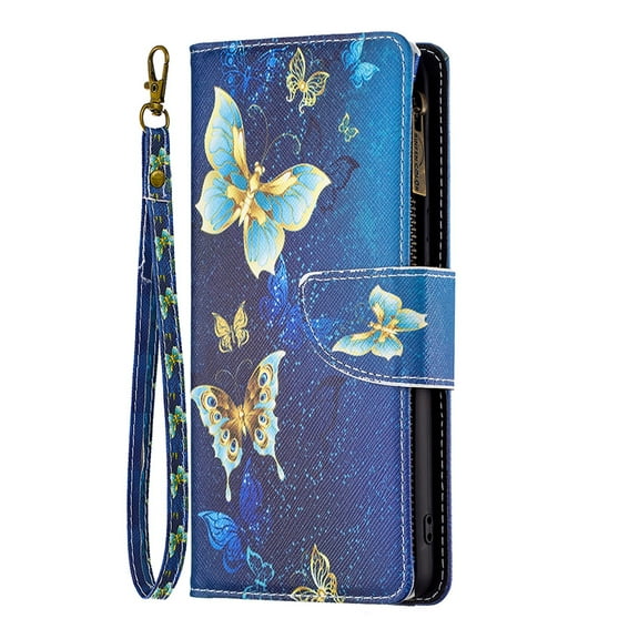 Dteck for Samsung Galaxy Note 20 Case Wallet with Card Slots, Cute Pattern PU Leather Zipper Flip Folio with Wrist Strap Kickstand Protective for Note20 5G Wallet Case,Gold Butterfly