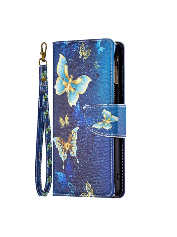 for Samsung Galaxy Note 20 Case Wallet with Card Slots, Cute Pattern PU Leather Zipper Flip Folio with Wrist Strap Kickstand Protective for Note20 5G Wallet Case,Gold Butterfly