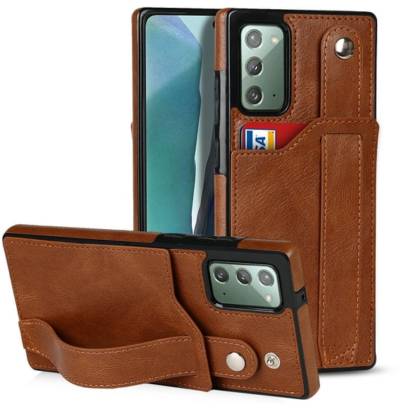 Dteck for Samsung Galaxy Note 20 Slim Case, Shockproof Premium PU Leather Soft TPU Business Cover with Wrist Strap Kickstand Flip Stand Protection Case, brown