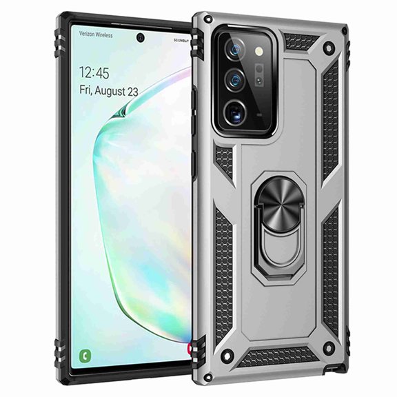 Dteck Samsung Galaxy Note 20 Ultra 5G Case Military Grade Armor Dual Layer 2 in 1 and 360 Metal Rotating Ring Kickstand Holder Car Mount Silicone TPU Shockproof Anti-Scratch Protective Cover, silver