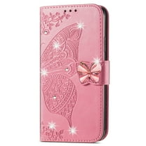 Dteck for Samsung Galaxy Note 20 Ultra Case Wallet for Women, Flip Folio Cover with Butterfly Embossed Diamond PU Leathe Stand Card Holder Protective Case with Wrist Strap,Pink