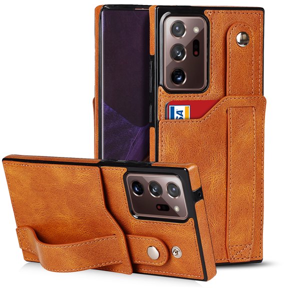Dteck for Samsung Galaxy Note 20 Ultra Slim Case, Shockproof Premium PU Leather Soft TPU Business Cover with Wrist Strap Kickstand Flip Stand Protection Case, khaki