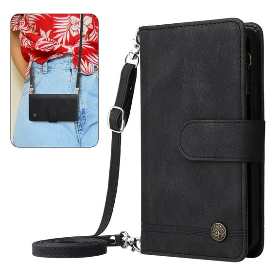 Dteck for Samsung Galaxy Note 20 Wallet Case with Card Holder, Soft PU Leather Handbag Purse Zipper Pocket Card Holder Wallet for Women Men, Crossbody Wallet Phone Case with Strap, Black