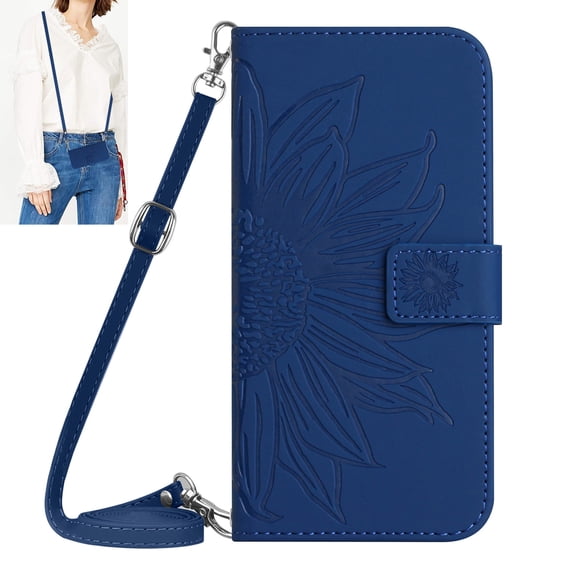 Dteck for Samsung Galaxy Note10+ Plus Case, Crossbody Wallet Phone Case Embossed Flower PU Leather with Card Holder, Magnetic Closure Flip Folio Case with Lanyard,Deep Blue