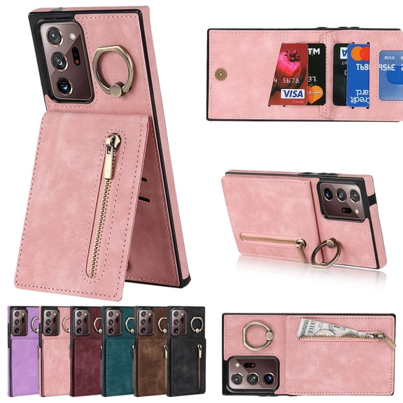 Dteck for Samsung Galaxy Note20 Ultra Case with Card Holder, RFID Blocking PU Leather Galaxy Note20 Ultra Wallet Case with Ring Kickstand, Magnetic Back Flip Case Note20 Ultra 5G Slim Cover,Pink