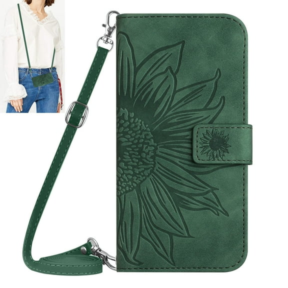 Dteck for Samsung Galaxy S10 Case, Crossbody Wallet Phone Case Embossed Flower PU Leather with Card Holder, Magnetic Closure Flip Folio Case with Lanyard,Green