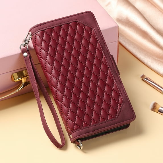 Dteck for Samsung Galaxy S10E 5.8 Inch Zipper Wallet case, Handstrap Kickstand Card Slots Magnetic Shockproof Argyle Pattern Leather Wallet Case for Samsung Galaxy S10E, Winered