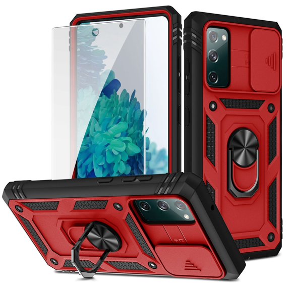 Dteck Samsung Galaxy S20 FE Case with Glass Screen Protector, Slide Camera Lens Protector Cover Ring Holder Kickstand Rugged Shockproof Case for Samsung Galaxy S20 FE 5G,Red/Black