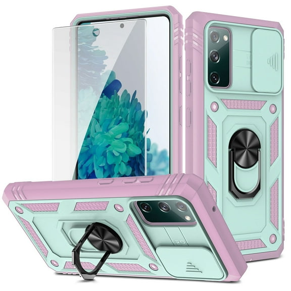 Dteck Samsung Galaxy S20 FE Case with Glass Screen Protector, Slide Camera Lens Protector Cover Ring Holder Kickstand Rugged Shockproof Case for Samsung Galaxy S20 FE 5G,Green/Pink