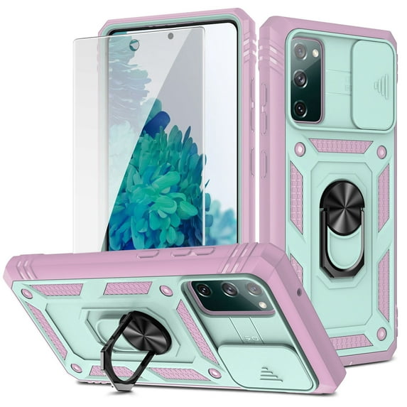 Dteck Samsung Galaxy S20 FE Case with Glass Screen Protector, Slide Camera Lens Protector Cover Ring Holder Kickstand Rugged Shockproof Case for Samsung Galaxy S20 FE 5G,Green/Pink