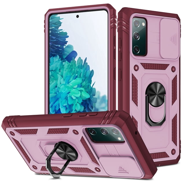Dteck Samsung Galaxy S20 FE Case, Slide Camera Lens Protector Cover Ring Holder Kickstand Rugged Shockproof Case for Samsung Galaxy S20 FE 5G, Pink/Red