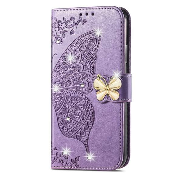 Dteck for Samsung Galaxy S20 FE Case Wallet for Women, Flip Folio Cover with Butterfly Embossed Diamond PU Leathe Stand Card Holder Protective Case with Wrist Strap,Purple
