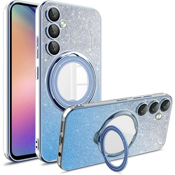 Dteck for Samsung Galaxy S20 FE Ring Stand Cover, Shockproof Glitter Magnetic Plating Bling Clear Case with Camera Lens Protection Slim Anti-Scratch Sparkle Case for Women Girls, blue