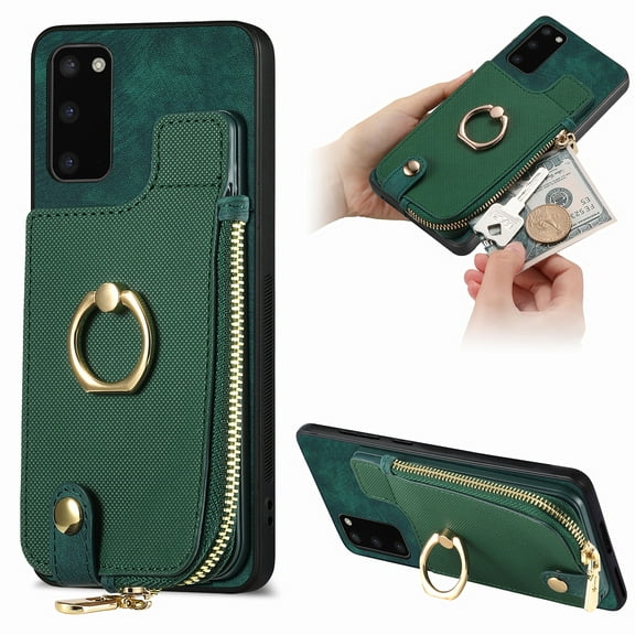 Dteck for Samsung Galaxy S20 FE Wallet Card Case, Shockproof with Card Holders Flip Premium PU Leather Card Slots with 360°Rotation Ring Stand Protective Phone Cover, green