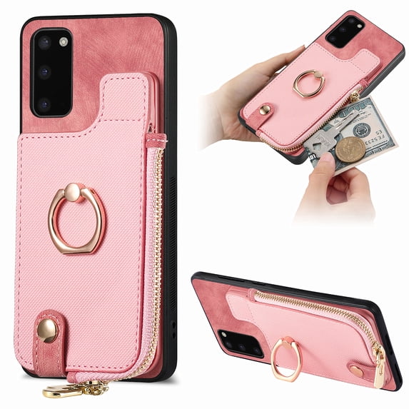 Dteck for Samsung Galaxy S20 Plus Wallet Card Case, Shockproof with Card Holders Flip Premium PU Leather Card Slots with 360°Rotation Ring Stand Protective Phone Cover, pink