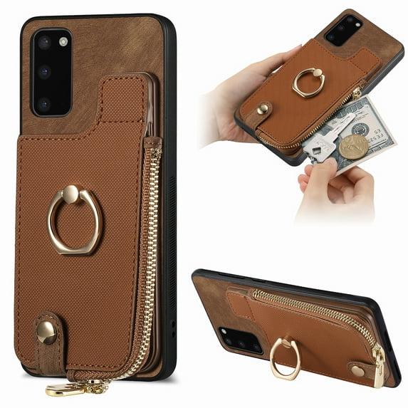 Dteck for Samsung Galaxy S20 Plus Wallet Card Case, Shockproof with Card Holders Flip Premium PU Leather Card Slots with 360°Rotation Ring Stand Protective Phone Cover, brown