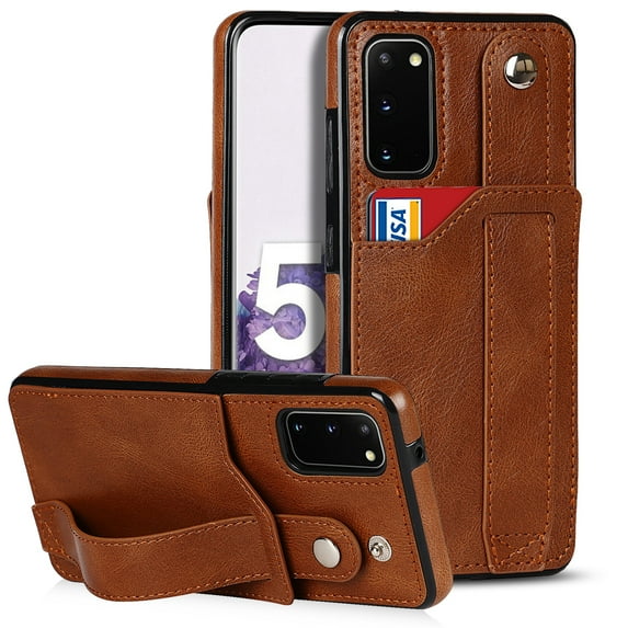 Dteck for Samsung Galaxy S20 Plus Wallet Card Case, Shockproof Premium PU Leather Soft TPU Business Cover with Wrist Strap Kickstand Flip Stand Protection Case, brown