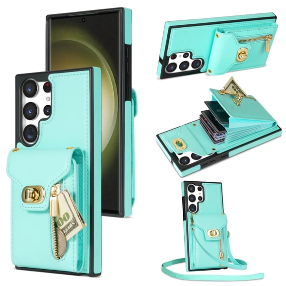 Dteck for Samsung Galaxy S20 Plus Zipper Pocket Case, Flip PU Leather Wallet Crossbody Shoulder Strap Lanyard Case with Credit Card Holder Women RFID Blocking Protective Purse Cover, mint