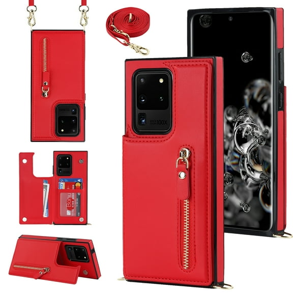 Dteck for Samsung Galaxy S20 Ultra Flip Wallet Case, PU Leather Magnetic Clasp Case with Card Slot Kickstand & Cross Body Strap Shockproof Protective Case for Samsung S20 Ultra Ladies, Red