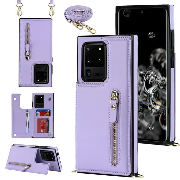 Dteck for Samsung Galaxy S20 Ultra Flip Wallet Case, PU Leather Magnetic Clasp Case with Card Slot Kickstand & Cross Body Strap Shockproof Protective Case for Samsung S20 Ultra Ladies, Purple