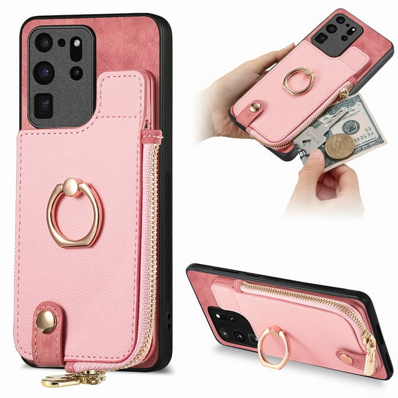 Dteck for Samsung Galaxy S20 Ultra Wallet Card Case, Shockproof with Card Holders Flip Premium PU Leather Card Slots with 360°Rotation Ring Stand Protective Phone Cover, pink