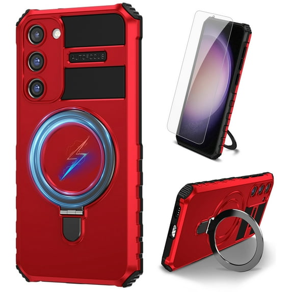 Dteck for Samsung Galaxy S21 Case with Magnetic Invisible Stand, Compatible with MagSafe, Glass Screen Protector + Camera Protector Shockproof Rugged Case Cover for Samsung Galaxy S21,Red