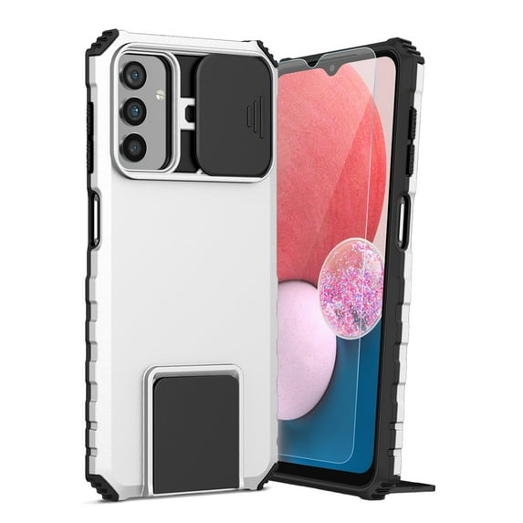 Dteck for Samsung Galaxy S21+ Case with Screen Protector, Slide Camera Protector Phone Case with Built-in Stand Shockproof Rugged Bumper for Samsung Galaxy S21+,White